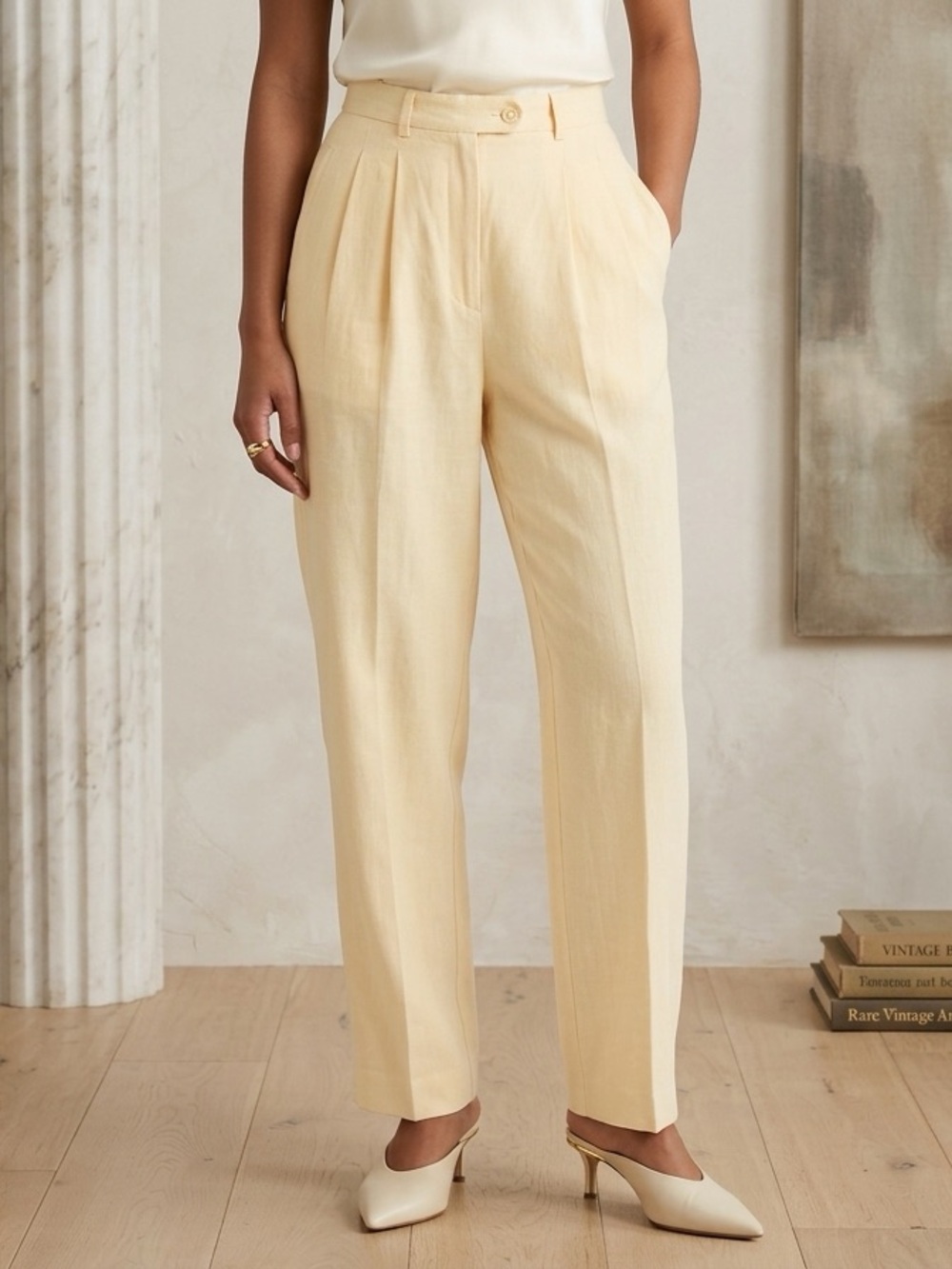 LRL Butter Yellow Silk Linen Pleated Pants 90s Vintage Coastal Quiet Luxury s 10